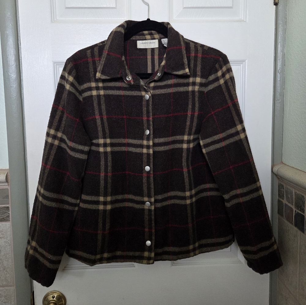 Lemon Grass Brown Plaid Button Front Cabincore Shacket Western Outdoors Size Med